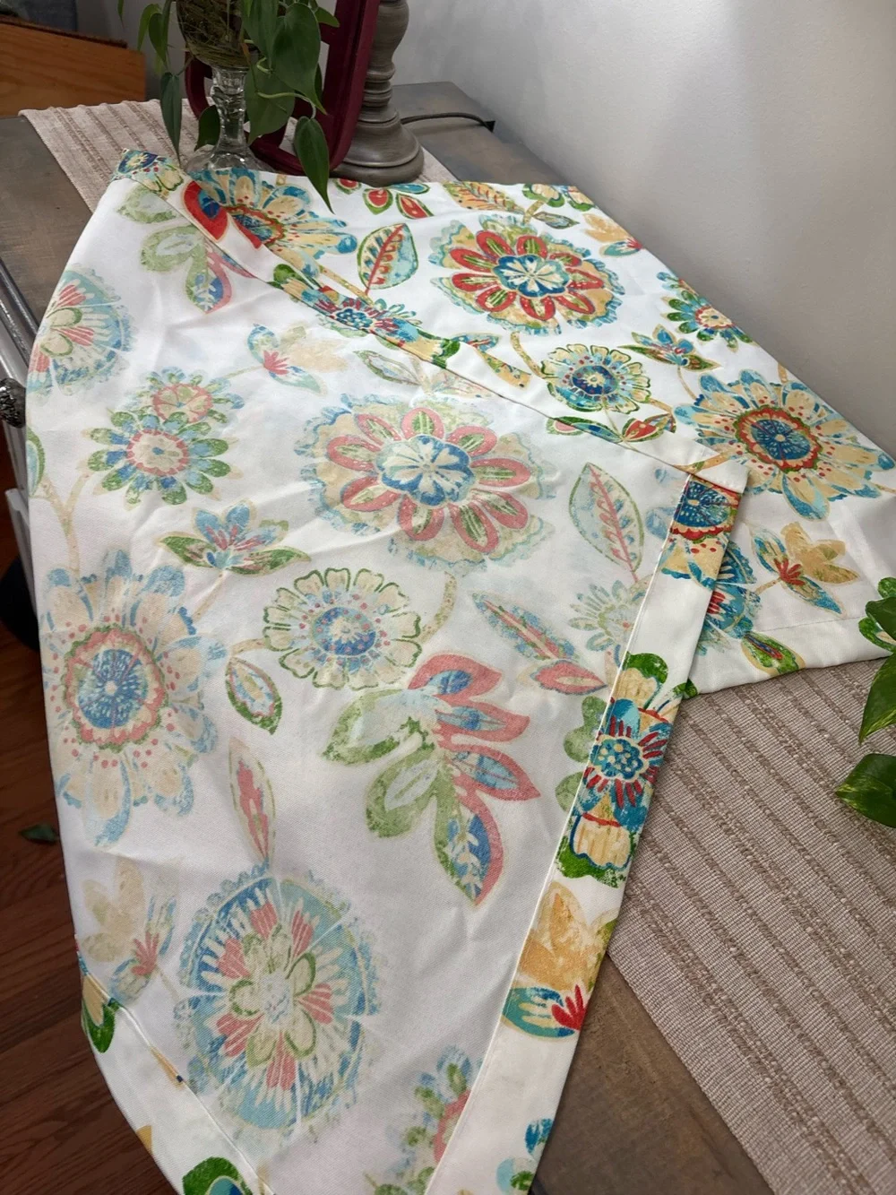 Handmade Colorful Floral Boho Multicolor Table Runner - White Background 44x26”